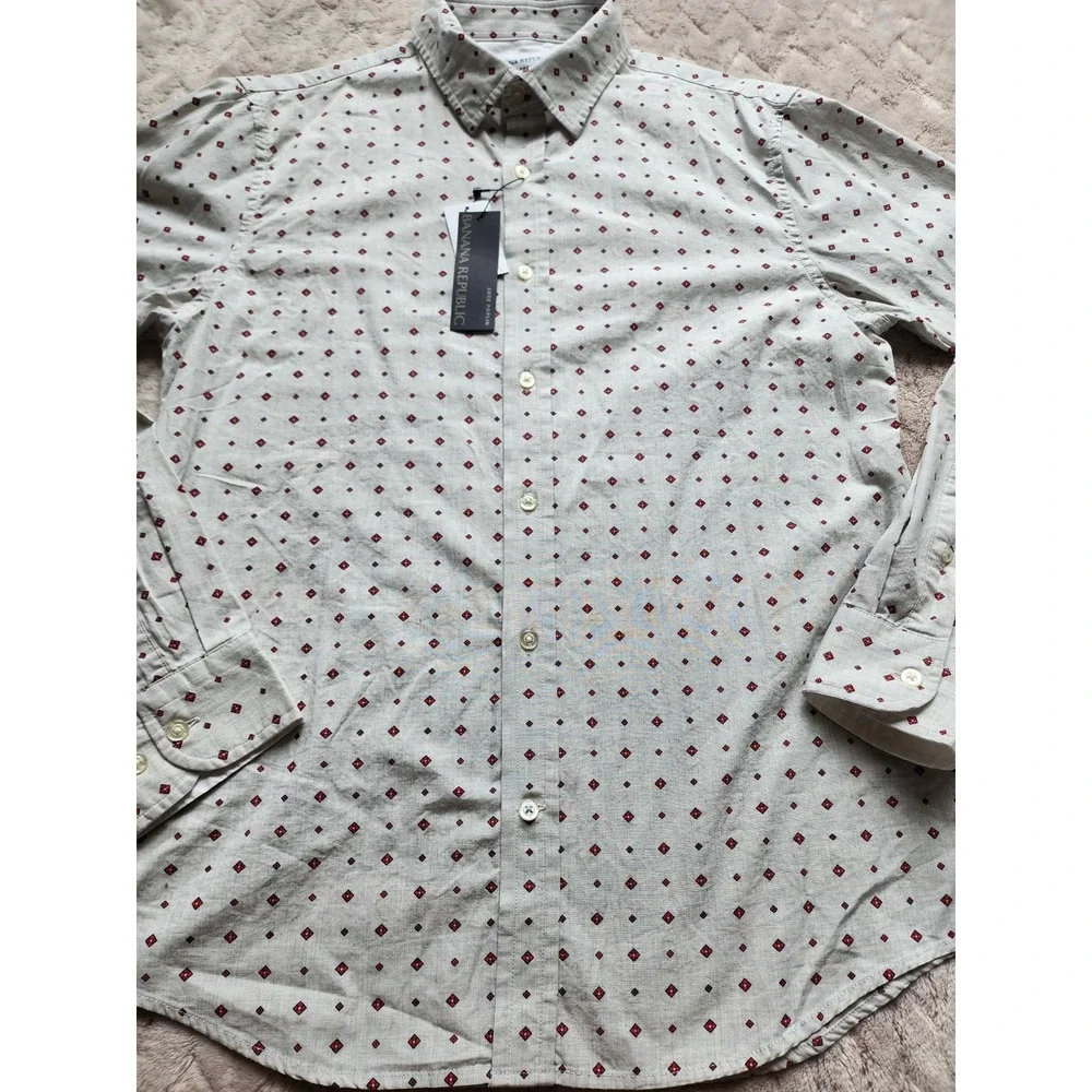 Banana Republic Mens Untucked Slim Fit Grey Red Diamond Luxe Poplin Shirt M NEW